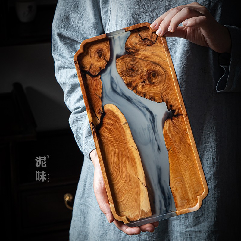 Resin Art Wooden Tray - Japanse Zen-stijl Thuja houten inkt-kunst theeblad,