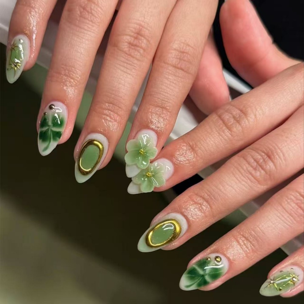 Resin Art Flowers - 24 stuks luxe smaragdgroene bloemen opzetnagels