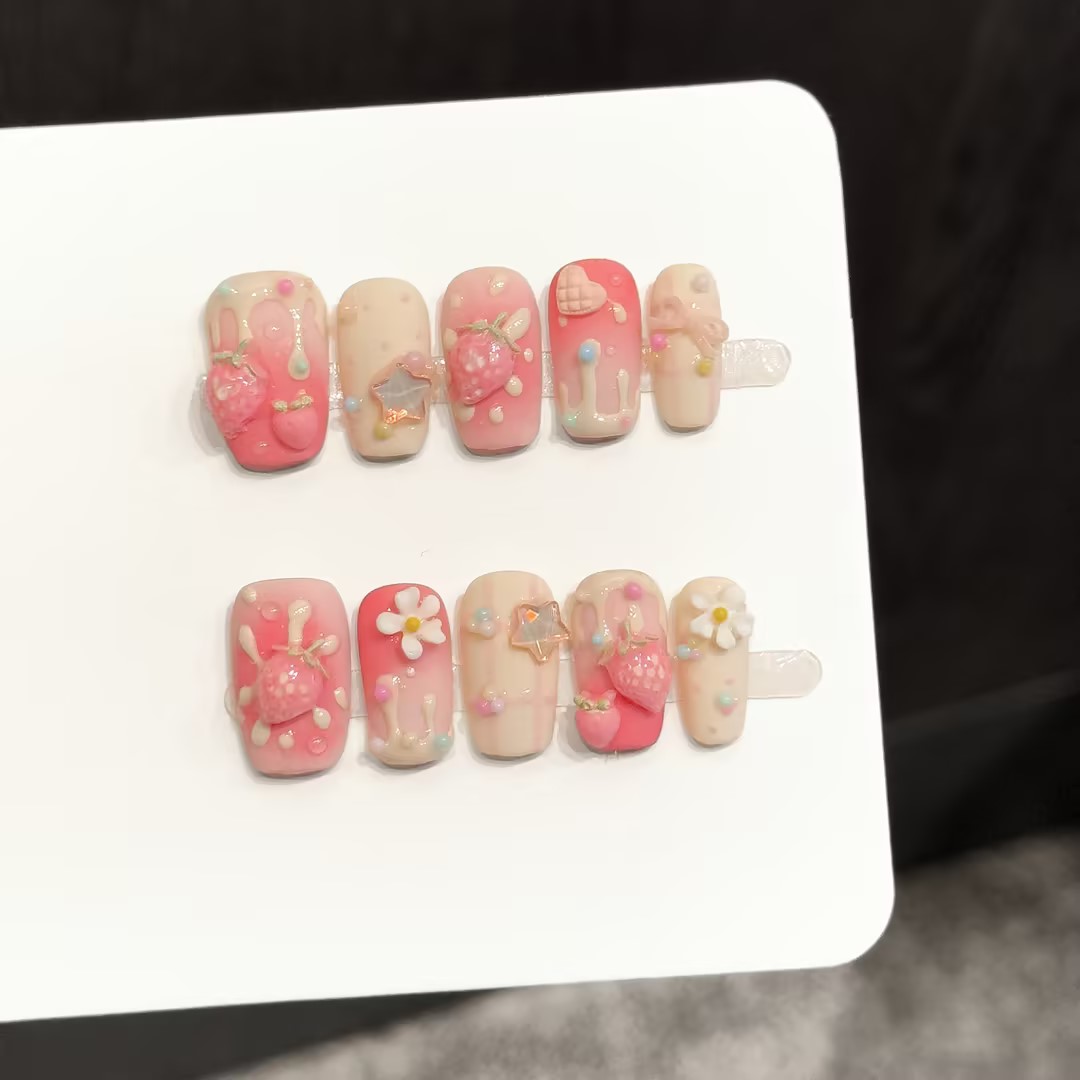 Resin Art Flowers - 10 stuks vierkante handgemaakte opzetnagels, 3D