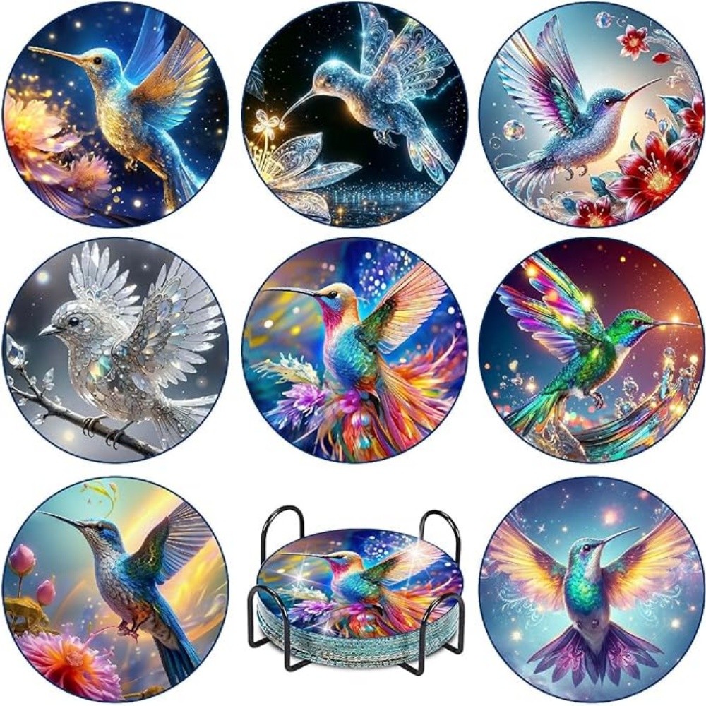 Resin Art Coasters - 8 stuks diamantkunst-onderzetters met beugels, doe-het-zelf